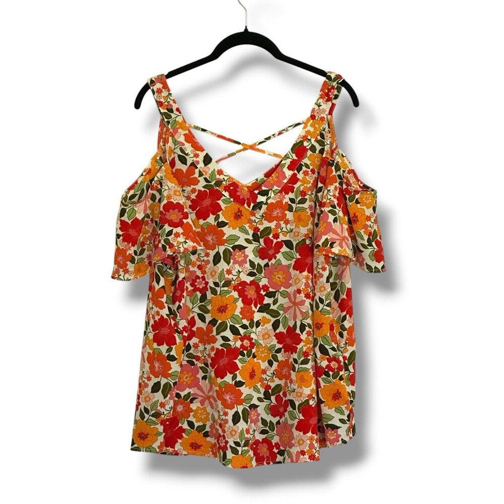 Flower & Feather Cold Shoulder Vibrant Floral Top 2X Lightweight